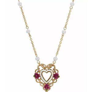 1928 Enamel Flower Faux Pearl Open Heart Necklace